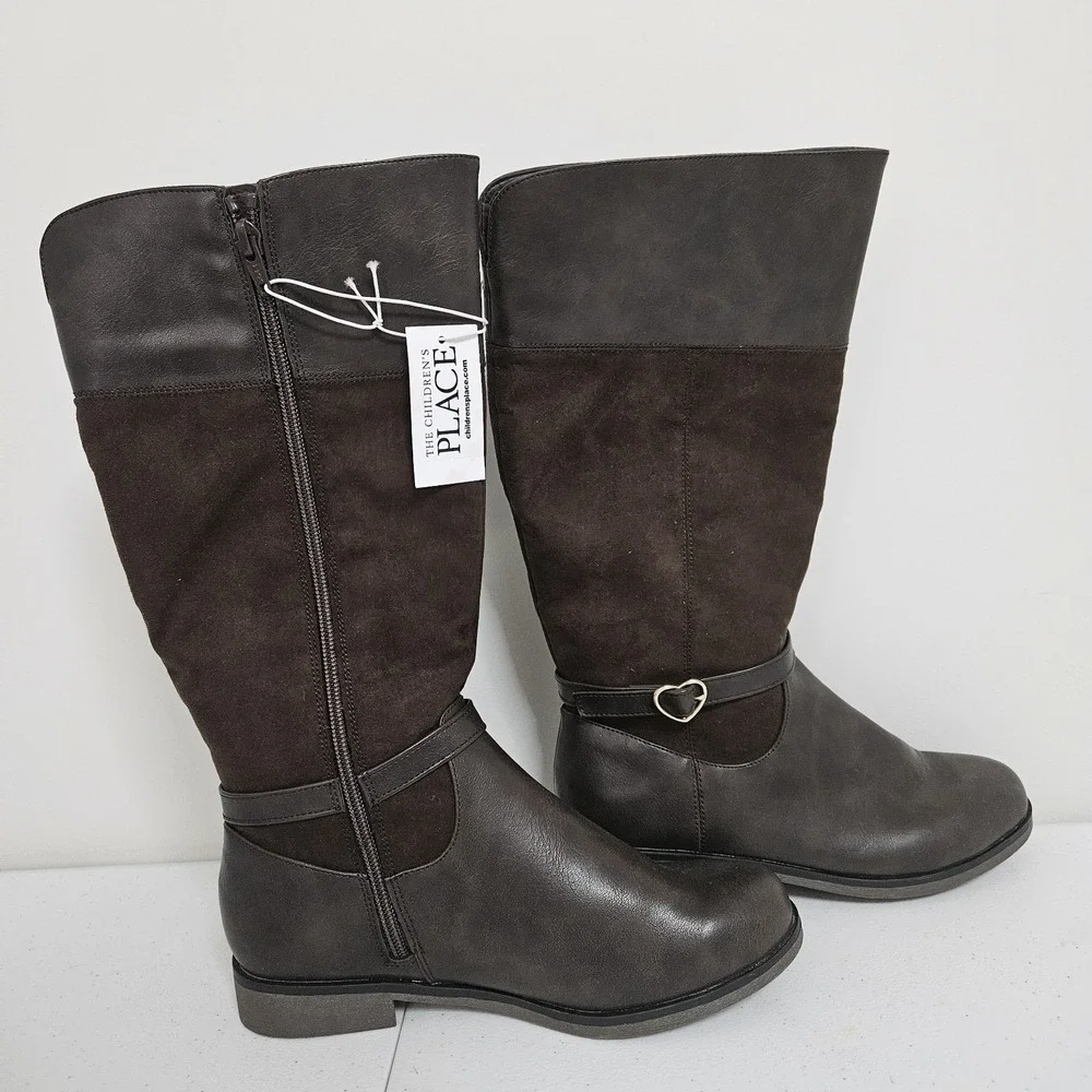 The Childrens Place Tall Boots Girls 5 Dark Brown Heart Buckle Riding Equestrian